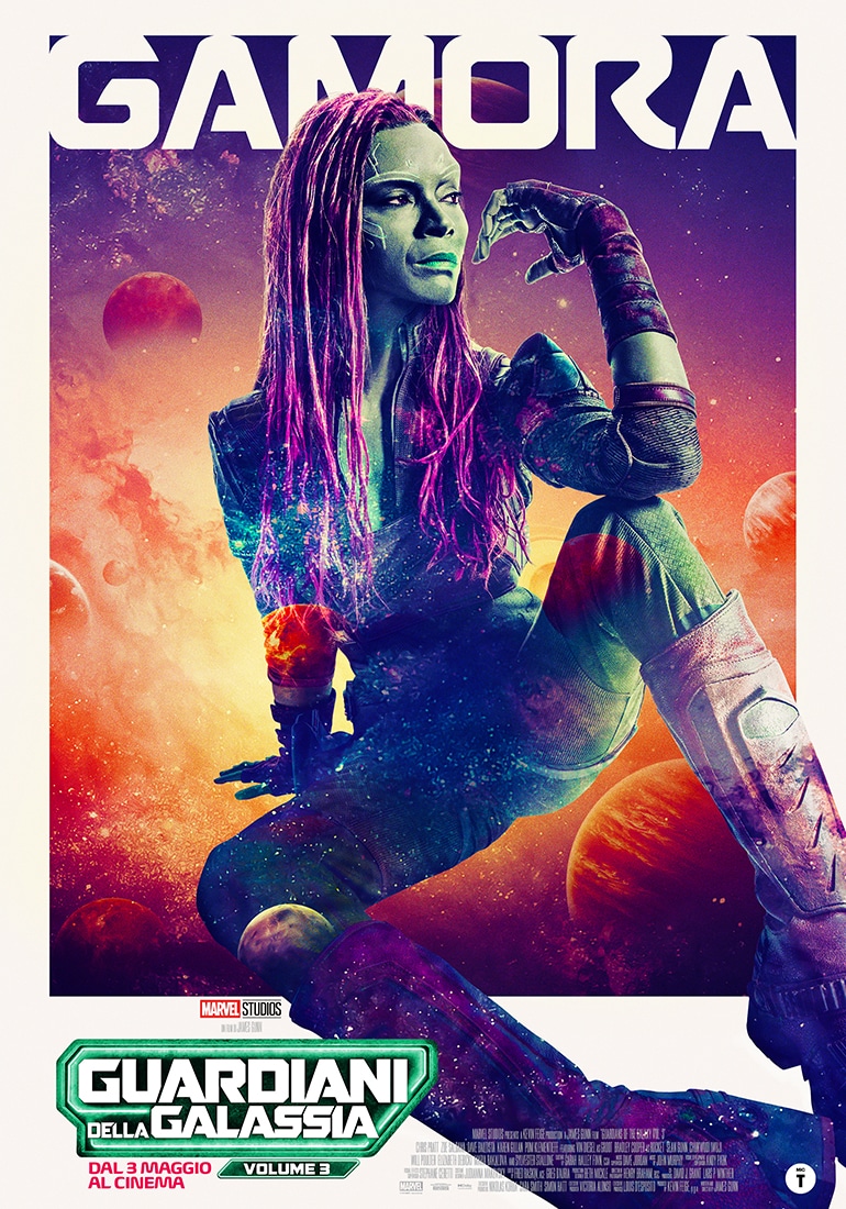 Zoe saldaña come gamora nel poster ufficiale di guardiani della galassia volume 3