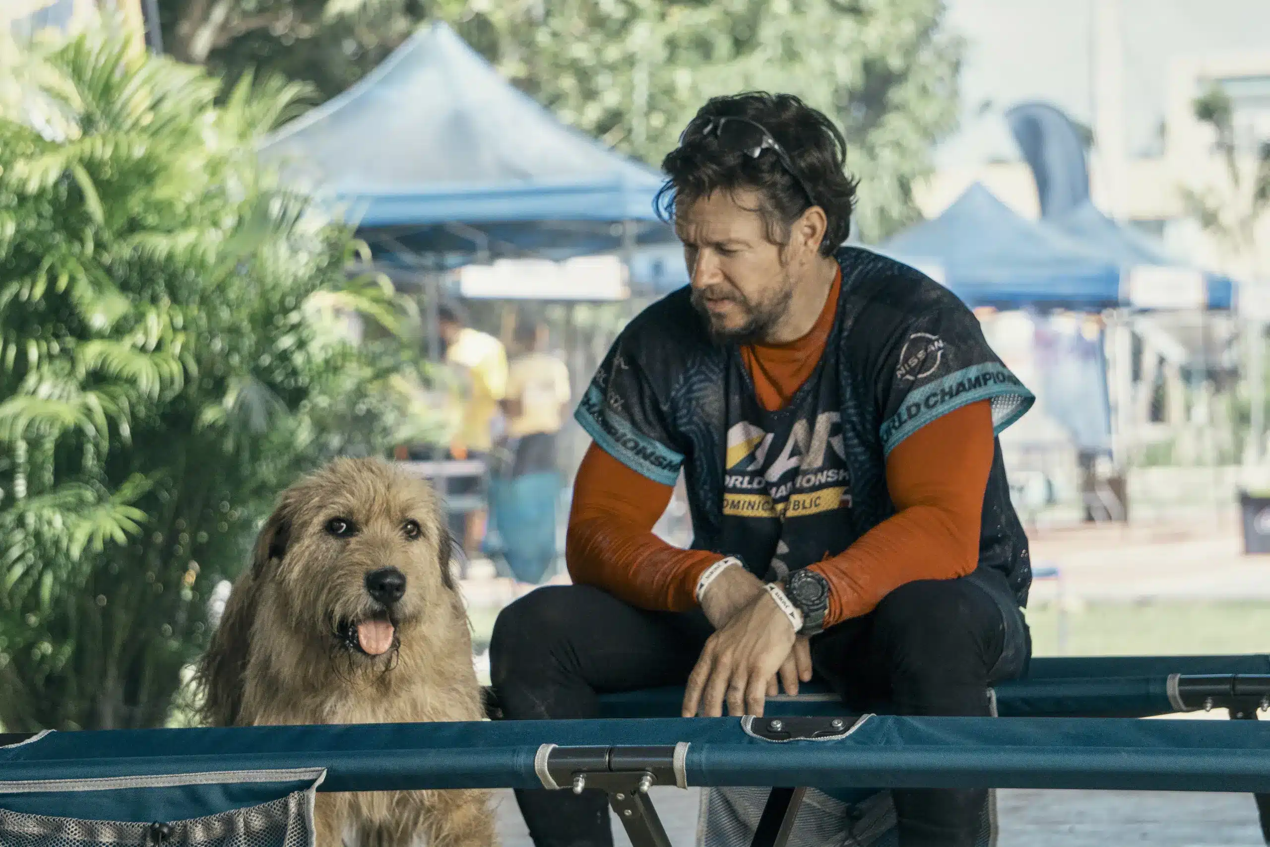 Mark wahlberg e il cane arthur durante una scena del film arthur the king