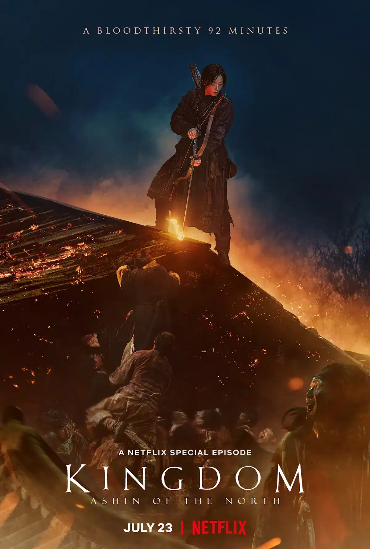 Ashin sul tetto con l'arco nel poster ufficiale di kingdom: ashin of the north
