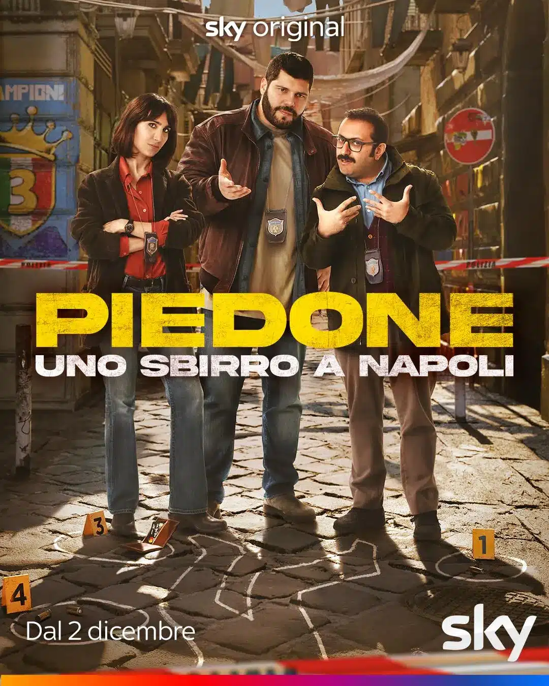 Locandina della prima stagione di piedone - uno sbirro a napoli con salvatore esposito, silvia d'amico e fabio balsamo